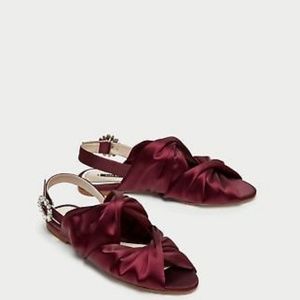 Zara Burgundy Satin Jewelled Flat Sandals size 40